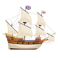 The Mayflower ship. Piligrim ship. Cartoon vector illustration for Thanksgiving day holiday. - obrazy, fototapety, plakaty