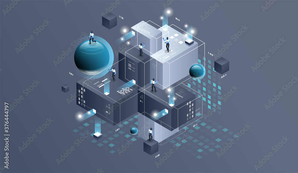 Wall mural datacenter isometric vector illustration. information flow,digital science lab, data center server r