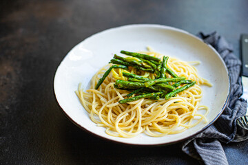 spaghetti green bean asparagus sauce pasta second course vegetarian serving size top view copy space for text