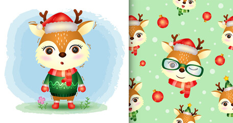 a cute deer christmas characters collection with a hat, jacket and scarf. seamless pattern and illustration designs