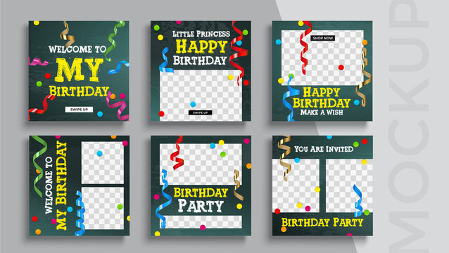 Happy Birthday banner editable template. Set of social media mobile app for shopping, sale, product promotion. 