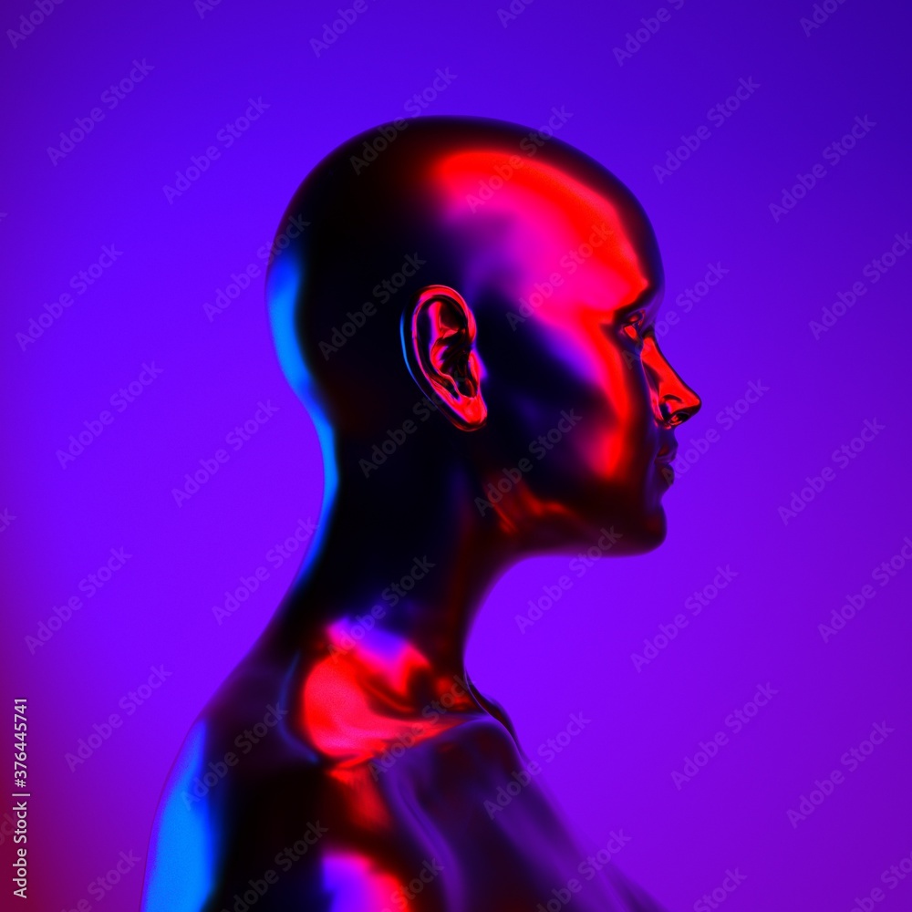 Poster robot or artificial human made of black plastic material in neon lights. 3d rendering illustration i