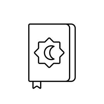 Koran. Linear icon of Islamic sacred book. Black simple illustration of muslim religious accessory with Rub El Hizb star, moon, bookmark. Contour isolated vector pictogram, white background