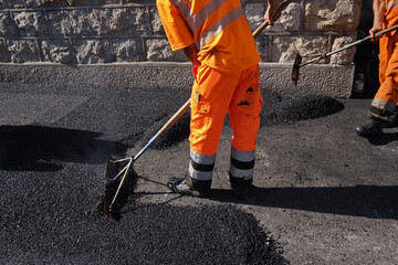 Paving the road with porous asphalt for traffic noise.reduction in Geneva, switzerland - obrazy, fototapety, plakaty