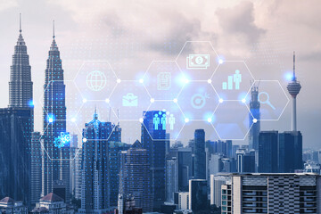 Research and development hologram over panorama city view of Kuala Lumpur. KL is hub of new technologies to optimize business in Malaysia, Asia. Concept of exceeding opportunities. Double exposure.