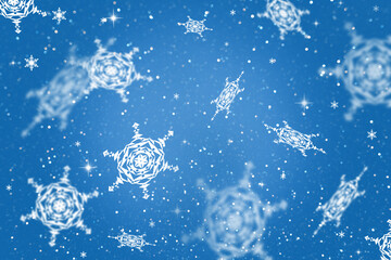 Snowflakes and snow on blue. Winter Christmas background, greeting card