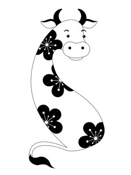 Happy New Year.The symbol of 2021 is a bull with sakura blossoms on its back. Logotype of a cow in a flower. Symbol of 2021 Chinese New Year. Vector image on white background  