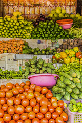 Fruits and vegetables in a small market in Vagator, Goa, India. Vegetables, fruit and seafood is one of the main part of Indian peoples ration.