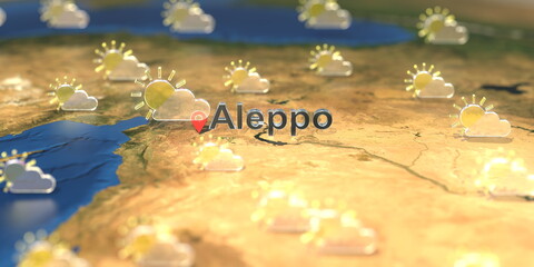 Partly cloudy weather icons near Aleppo city on the map, weather forecast related 3D rendering
