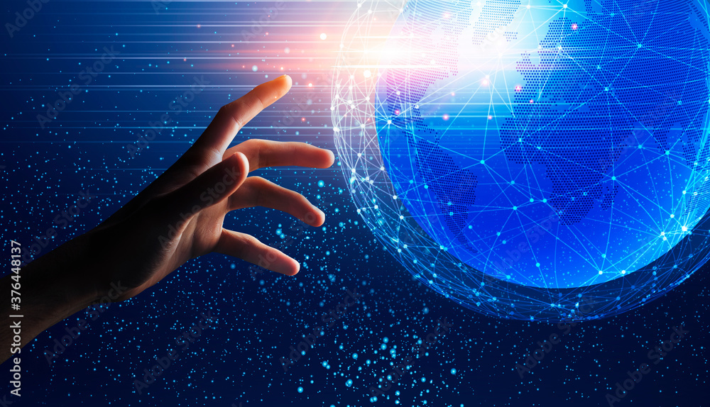 Poster global connections and network. hand reaching world globe hologram with polygonal dots