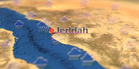 Rainy weather icons near Jeddah city on the map, weather forecast related 3D rendering