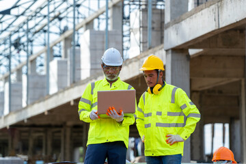Construction engineers with architects in hard hats use a laptop to work on a construction project at construction site.