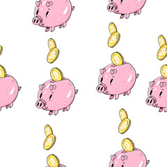 Seamless pattern illustration with piggy banks and money in it isolated on white background