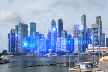 World planet Earth map hologram over panorama city view of Singapore, Asia. The concept of international connections and business. Multi Exposure.