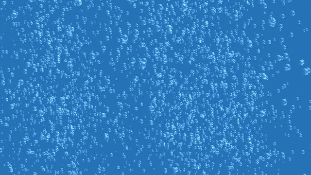 Fine bubbles rising in blue clean liquid or drink. Abstract bubble background. Seamless loopable background.