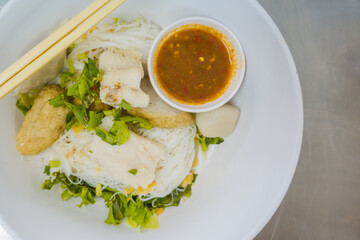 Asian style noodle with fish and fishball closeup