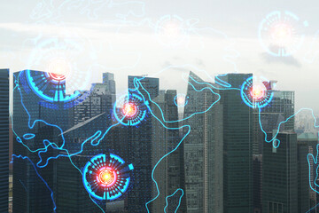 World planet Earth map hologram over panorama city view of Singapore, Asia. The concept of international connections and business. Multi Exposure.