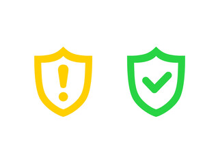 Danger warning icon. Danger warning. Vector icon. Risk sign. Information sign. Exclamation icon. Alert sign. Alarm sign. Shield with check mark. Protection activated. Threat warning. Guard badge.