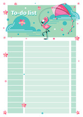 Flamingo To do list. Cartoon character with Kite on a green background. Template design for planning