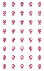 GPS map pointer collection, navigation pin flat icons set, Colorful symbols pack contains - home location, airport destination, shop, bus stop point. Vector illustration. Flat style design