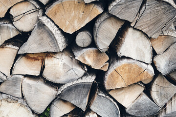 Fototapeta premium Logs in a sawmill yard. Stacks of woodpile firewood texture background