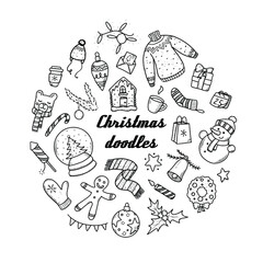 set of hand drawn christmas doodles isolated on white background. Good for cards, stickers, prints, posters, bullet journal, scrapbooking, etc. EPS 10