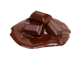 Melting piece of dark chocolate bar on white