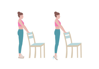 Exercises that can be done at-home using a sturdy chair.
Stand on a step so your heel can drop lower than the rest of your foot at the bottom of the movement. with Calf raises posture. Cartoon style.
