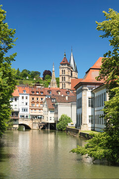 Rossneckarkanal chanel with St. Dionys church, Esslingen, Baden-Wurttemberg