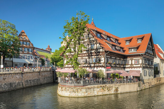 View over Wehrneckarkanal chanel to St. Dionys church, Esslingen am Neckar, Baden-Wuerttemberg