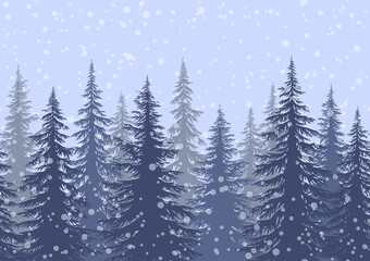 Seamless Horizontal Winter Landscape with Christmas Coniferous Trees and Snowflakes, Tile Holiday Background. Vector