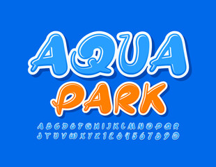 Vector holiday logo Aqua Park. Blue creative Font. Handwritten Alphabet Letters and Numbers set