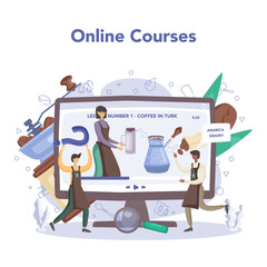 Barista online service or platform. Bartender making a cup of hot