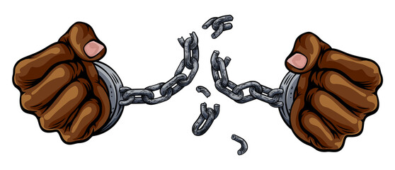Hands in fists breaking the chain of shackle cuffs freedom concept design