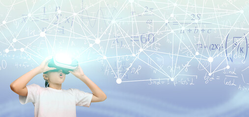 Boy Learning Math Using VR Glasses On Blue Background, Collage