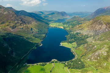 Aerial drone view of Buttermere and Crummock Water in England's Lake District