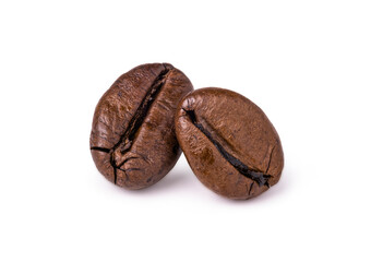 Two fresh roasted dark brown arabica coffee beans isolated on a white background with clipping path.