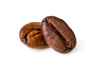 Two fresh roasted dark brown arabica coffee beans isolated on a white background with clipping path.
