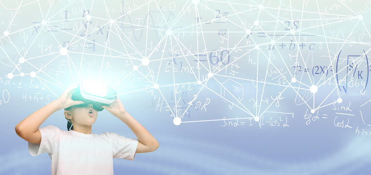 Boy Learning Math Using VR Glasses On Blue Background, Collage - Powered by Adobe