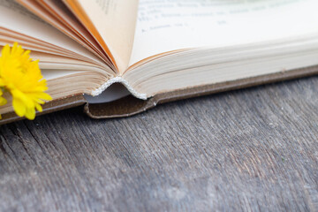 An open book on an old wooden background. A battered old book with a yellow flower on it.