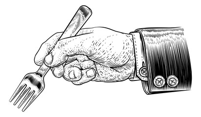 A hand in business suit holding a fork for eating food in a vintage retro engraved or etched woodcut print style