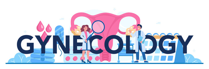 Gynecology typographic header. Human anatomy, ovary and womb
