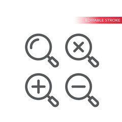Magnifying glass, zoom thin line vector icon. Magnifier, plus and minus, simple vector symbol, outline, editable stroke.