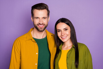 Photo pretty lady handsome guy couple hugging ignore social distancing good mood in love perfect pair wear casual shirts clothes isolated purple color background