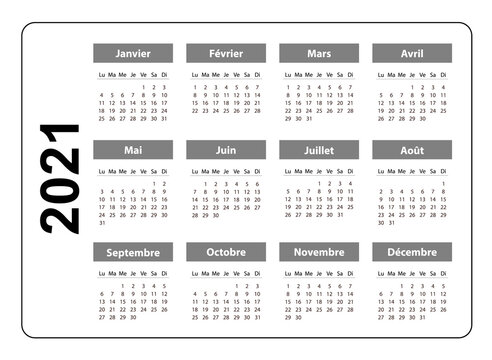 Horizontal pocket calendar on 2021 year, French. Week starts from Monday. Vector template calendar for business on white background.