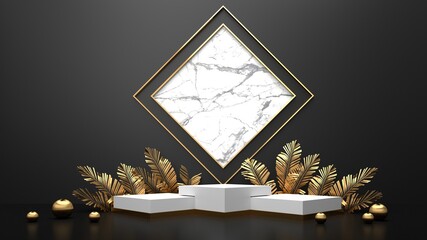 3d rendering of white marble and golden leaves on black marble background, minimal concept, blank space, luxury minimalist mockup , platform showcase product sale banner presentation cosmetic