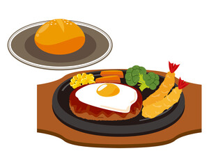 Vector illustration of hamburger steak with fried egg .