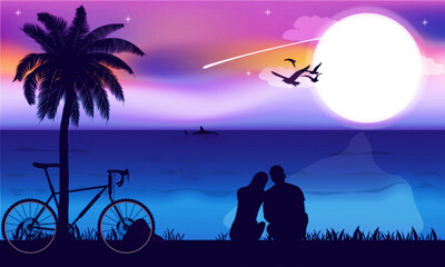 Fototapeta na wymiar Couples sitting together looking at the Moon, illustration graphic design