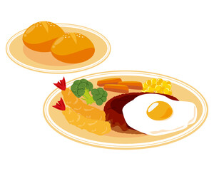 Vector illustration of hamburger steak with fried egg .
