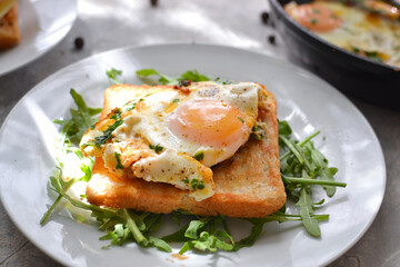 Tasty breakfast. Crispy Toast with fried egg and spices. Sandwich in a white plate with arugula. Light background